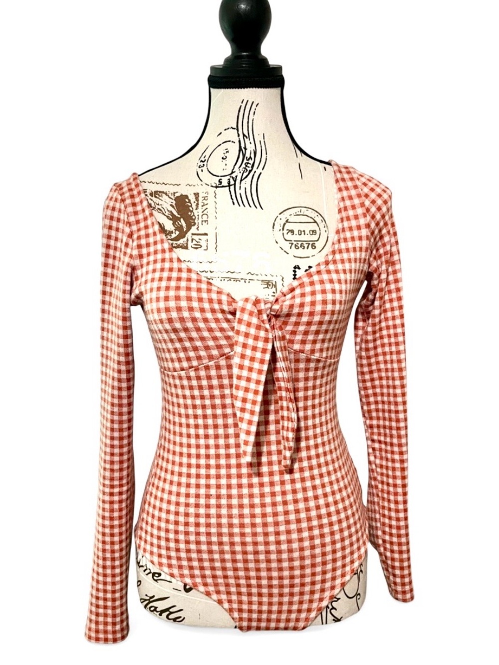 Storia Red White Gingham Check Long Sleeve Bodysuit Front Tie Keyhole Bow Small